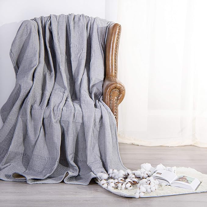 NTBAY 3 Layers Cotton Muslin 68x92 Twin Bed Blanket, Super Soft Breathable Thermal Yarn Dyed Quilt for Adults, Perfect Lightweight Blanket for Couch Sofa Bed All Seasons, Grey Dot