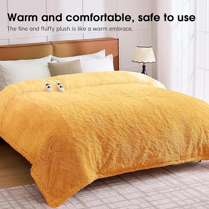 Heated Electric Blanket Queen–Faux Fur with Soft Thick SherpaWarm Winter Birthday Gifts for Women Grandma,Dual Control,10 Heat Settings,5 Time Settings, 84x90, Beige