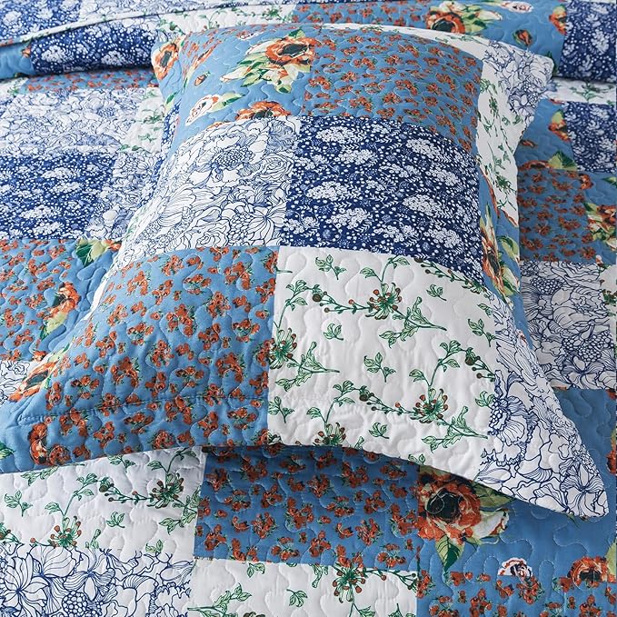 BEDIFANY Boho King Size Quilt Bedding Set - Lightweight Reversible Bedspreads King Size (98 x 106 inch) Coverlet Set with Flower Pattern - Plaid King Quilt Sets for Decorations, 3 Pieces