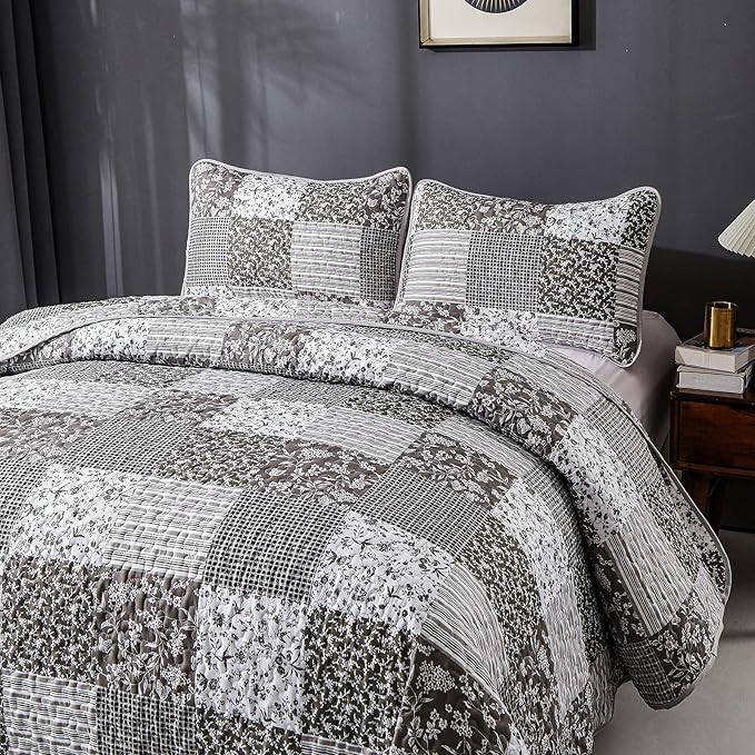 Mybedsoul Grey Boho Quilt Set King Size,3 Pieces Plaid Floral Bedspread Coverlet Set for All Season,Patchwork Reversible Bedding Set King 90"x104"