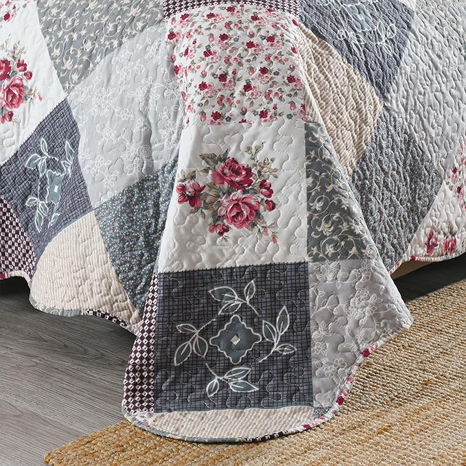 HoneiLife Quilt Set Queen Size - 3 Piece Microfiber Quilts Reversible Bedspreads Patchwork Coverlets Floral Bedding Set All Season Quilts-Grey Rose,Queen/Full Size