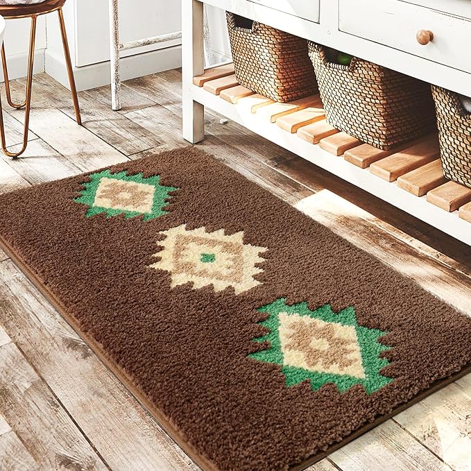 DEXDE Boho Bathroom Rugs Brown Aztec Bath Mat Non Slip Western Geometric Bath Rug Luxury Soft Absorbent Carpet for Bathroom Shower Kitchen Entryway Farmhouse Modern Decor 20x32