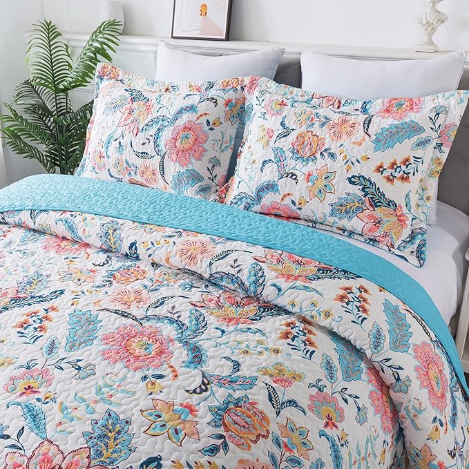 BEDIFANY Garden Cotton Filling King Size Quilt Set - Lightweight Bedspreads King Size (98 x 106 inch) with Colorful Floral Pattern - Farmhouse King Quilt Bedding Sets for Bed Coverlet, 3 Pieces