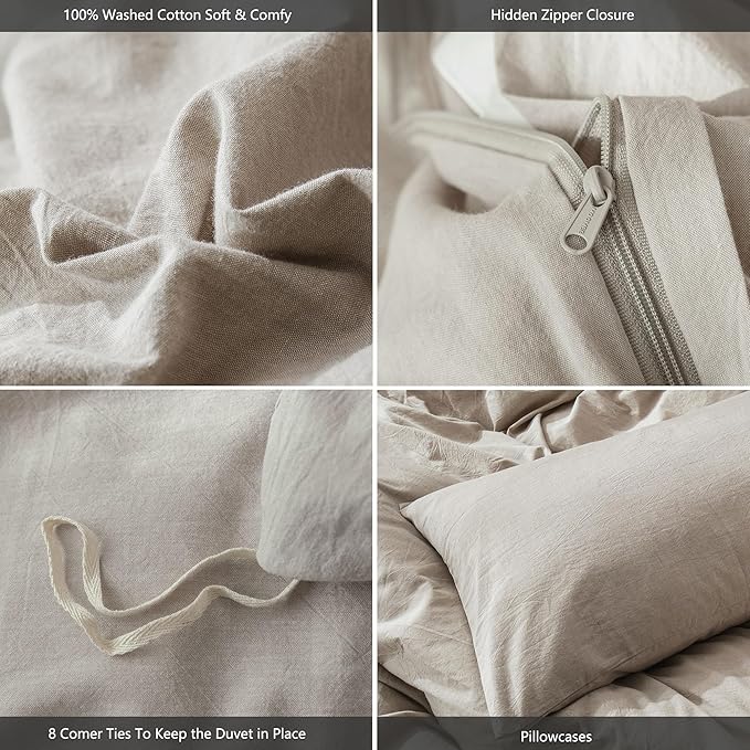 MooMee Bedding Duvet Cover Set 100% Washed Cotton Linen Like Textured Breathable Durable Soft Comfy (Heathered Tannish Linen Grey, Oversized King Plus 128"x120")