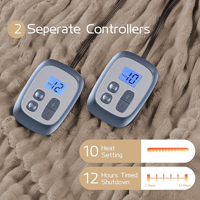 Electric Heated Blanket Queen Size 84x90 Inch - Ultra Soft Silky Flannel with Ribbed Texture, Dual Zone Controllers with 10 Heating Levels and 12 Hours Auto-Off Feature - Camel