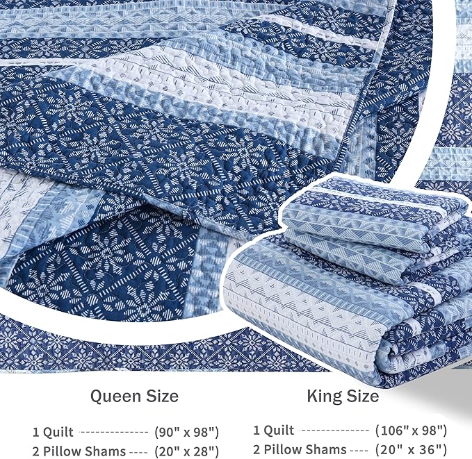 Homzard Quilt King Size,Blue White Snowflake Striped Quilt Bedding Set, Cotton Boho Gemetic Comforter Set, Lightweight Comforter King Size (106 * 98 Inches) with 2 Pillow Shams
