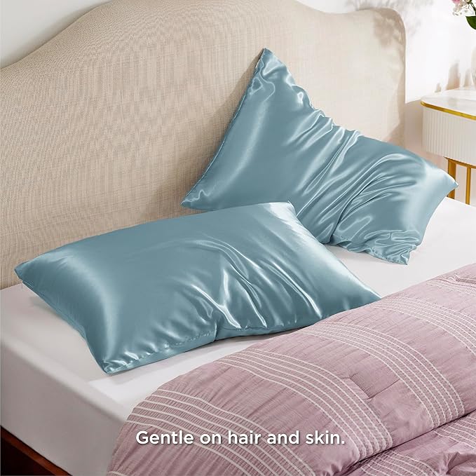 Bedsure Satin Pillowcase with Zipper, Similar to Silk Pillow Cases 2 Pack, Satin Pillow Cases King, Silky & Soft Bedding Pillow Covers for Hair and Skin, Gifts for Women Men, Grey Blue, 20x36 Inches