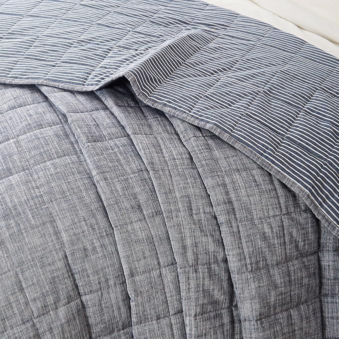 Navy Quilts Twin Quilt， Cotton Twin Quilt Bedding Set，2-Pieces Quilted Bed Spread with Blue Stripe Coverlet Light Weight Navy Bedspread with 1 Pillow Sham