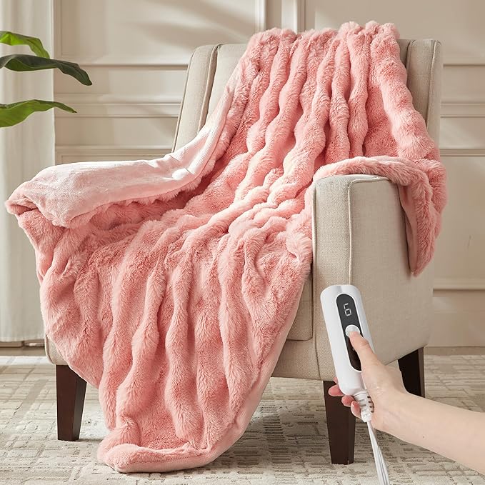 Heated Throw Blanket - Plush Thick Bubble Faux Fur Heated Blanket, Fast Heating Electric Blanket 6 Heating Levels & 4 Hours Auto-Off, Machine Washable, 50"x60", Pink