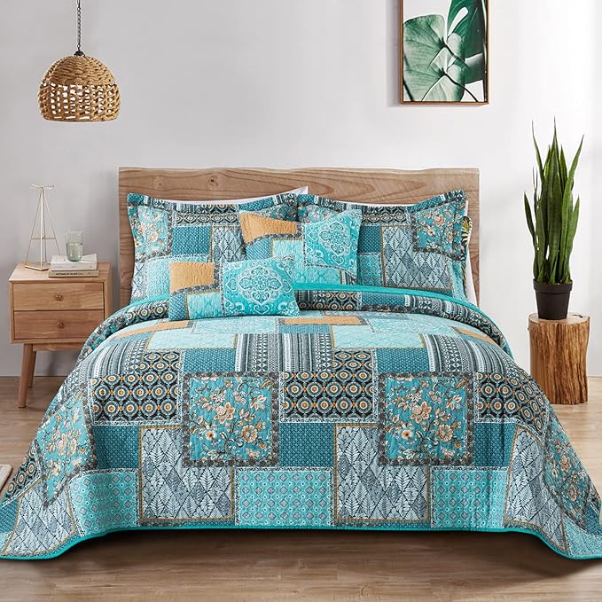 BEDIFANY 3 Pieces Cotton King Size Quilt Sets, King Bedspread Lightweight Quilted Reversible Coverlets Farmhouse Quilt Bedding Sets Boho King Quilt Set for Bed Decorations for All Seasons