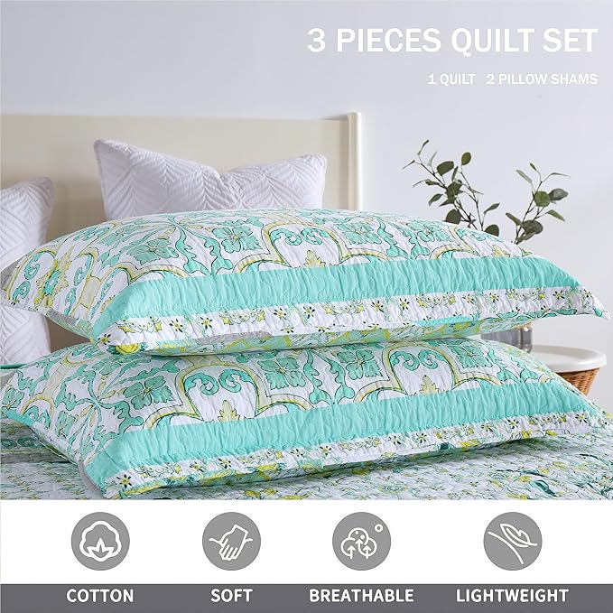 Homzard Sage Green Quilt King Size, Green Floral Quilt King，Cotton Comforter Set (106 * 98 Inches)