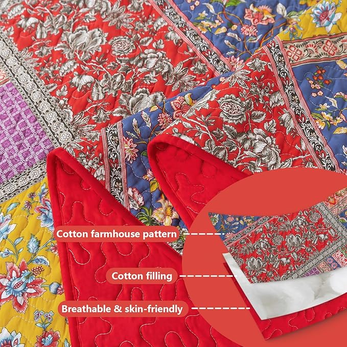 BEDIFANY Cotton King Quilt Set - Vintage Farmhouse Bedspread with Vibrant Floral Pattern, 3-Piece Lightweight Coverlet (98x106 Inch) + 2 Pillow Shams, All Seasons Multicolor Quilt Bedding Set