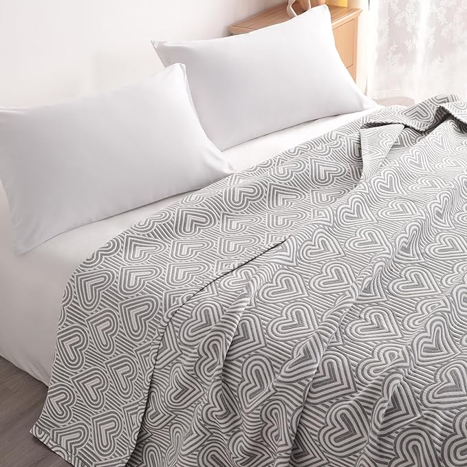 NTBAY 3 Layers Cotton Muslin 88x92 Queen Bed Blanket, Super Soft Breathable Thermal Yarn Dyed Quilt for Adults, Perfect Lightweight Blanket for Couch Sofa Bed All Seasons, Grey Heart