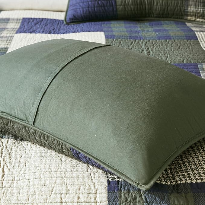 Woolrich Mill Creek Reversible Quilt Set - Cottage Styling Reversed to Solid Color, All Season Lightweight Coverlet, Cozy Bedding Layer, Matching Shams, Oversized Full/Queen, Plaid Green 3 Piece