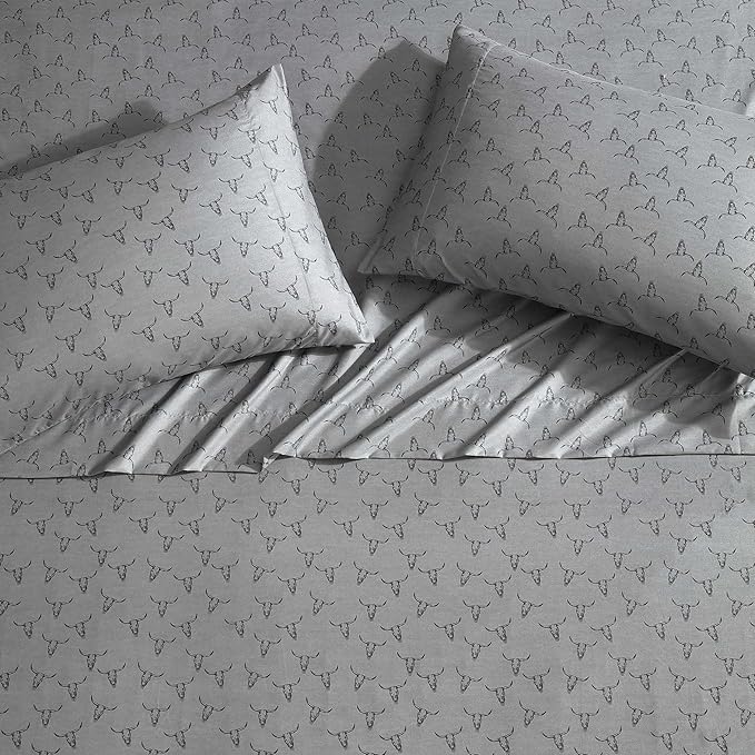 Wrangler - Twin XL Bed Sheets, Breathable & Wrinkle Resistant Bedding with Matching Pillowcase, Lightweight for Year-Round Use, Dorm Essentials (Steer Skulls Grey)
