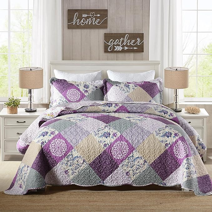 HoneiLife Quilt Set King Size - 3 Piece Microfiber Quilts Reversible Bedspreads Patchwork Coverlets Floral Bedding Set All Season Quilts- Late Spring,King