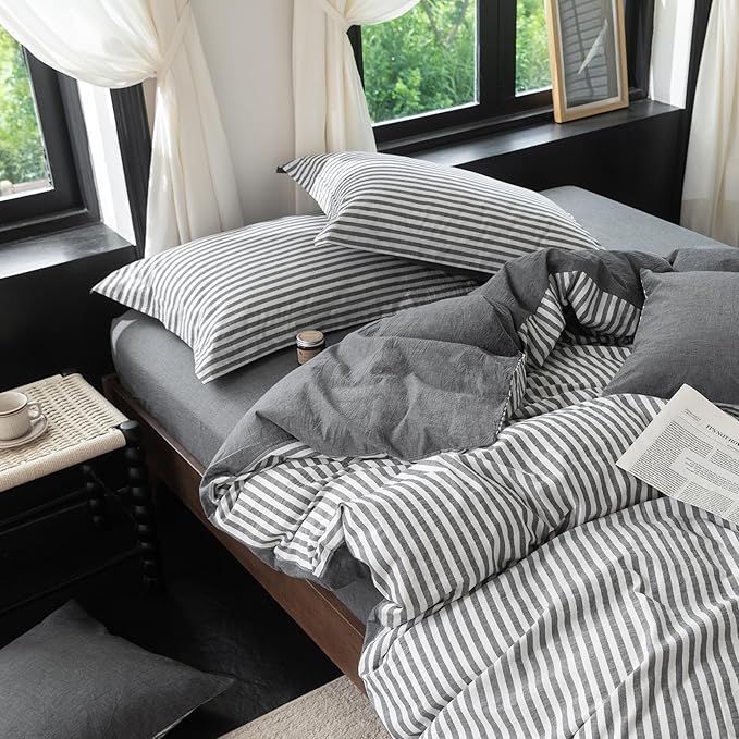 Reversible Duvet Cover Set 100% Washed Cotton Dark Grey Stripe Linen Feel Duvet Cover King Size with Zipper Closure & 2 Pillow Shams,Dark Grey/White Stripe Reverse Solid Dark Grey