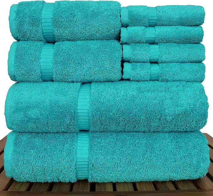 Luxury Hotel & Spa Quality, Highly Absorbent 100% Turkish Cotton, 750+ GSM, Eco Friendly Towel, Bathroom and Kitchen Dobby Border Towels, 2 Bath Towel, 2 Hand Towel, 4 Washcloths (8 Piece, Aqua Blue)