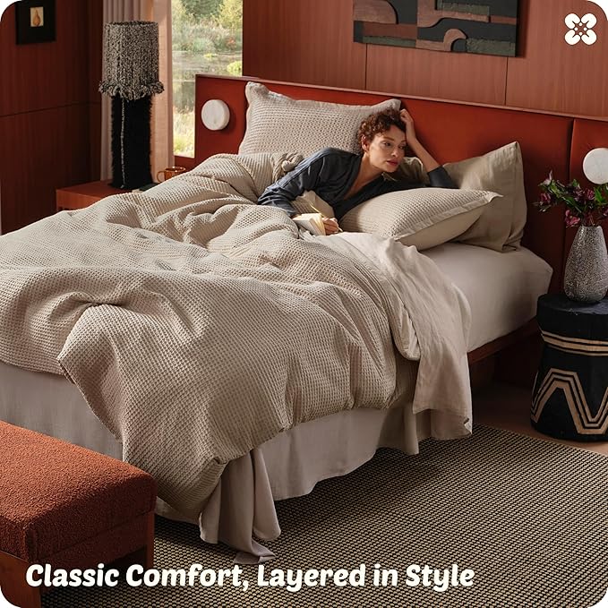 Bedsure Cotton Duvet Cover Twin - 100% Cotton Waffle Weave Khaki Duvet Cover Twin Size, GentleSoft™ and Breathable Tan Bedding Set for All Season, 2 Pieces, 68"x90"