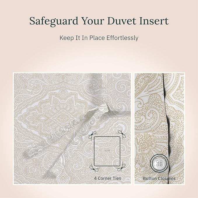 California Design Den 3 Piece King Size Duvet Cover Set, 400 Thread Count 100% Cotton Sateen, Soft Luxury Sateen Comforter Cover and Two Pillow Shams, Button Closure and Corner Ties (Paisley Beige)