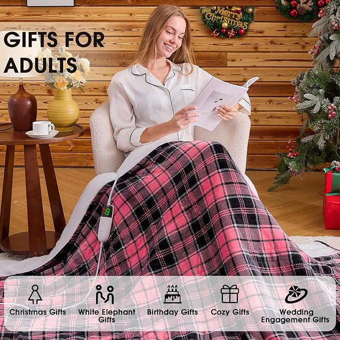 Pink Heated Blanket Electric Full Size,72X84 Heating Blanket with 10 Heats Levels&8 Hours Auto Off&Timer,Plaid Soft Sherpa Pink Blankets Warmer Gift for Grandma Women Adult,Fast Heating Washable