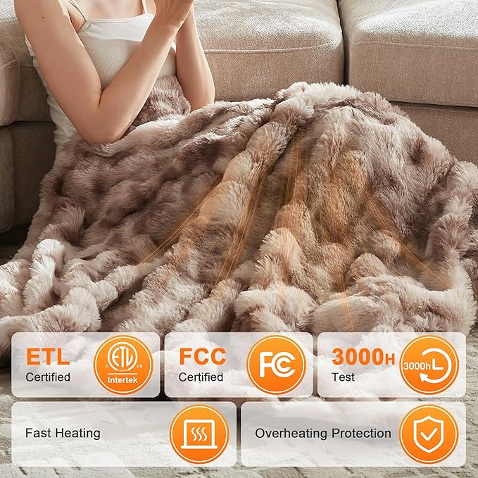 Heated Blanket Twin Size- Plush Thick Bubble Faux Fur Heated Blanket, Fast Heating Electric Blanket 6 Heating Levels & 10 Hours Auto-Off, Machine Washable, 62"x84", Patterned Taupe