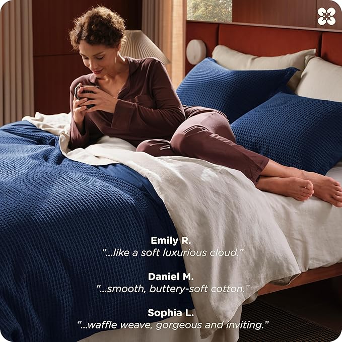 Bedsure Cotton Duvet Cover King - 100% Cotton Waffle Weave Navy Blue Duvet Cover King Size, GentleSoft™ and Breathable Bedding Set for All Season, 3 Pieces, 104"x90"