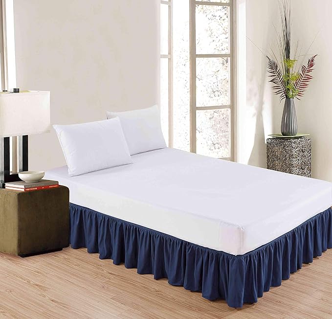 Sheets & Beyond Wrap Around Solid Microfiber Luxury Hotel Quality Fabric Bedroom Gathered Ruffled Bedding Bed Skirt 14 Inch Drop (Queen, Navy)