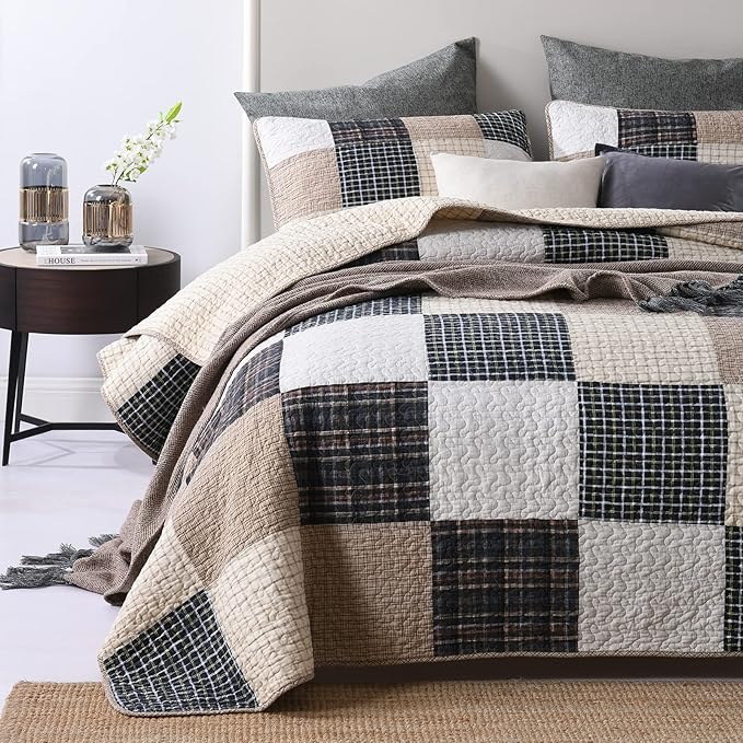 Y-PLWOMEN Quilts Queen Size, 100% Cotton Queen Quilt Set, Brown Khaki Black White Patchwork Plaid Queen Size Bedspread, Lightweight Reversible Soft Summer Quilt Bedding Set, 3-Pieces