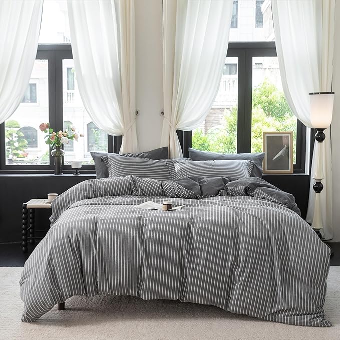 Reversible Duvet Cover Set 100% Washed Cotton Dark Grey Pinstripe Linen Feel Duvet Cover King Size with Zipper Closure & 2 Pillow Shams,Dark Grey/White Pinstripe Reverse Solid Dark Grey