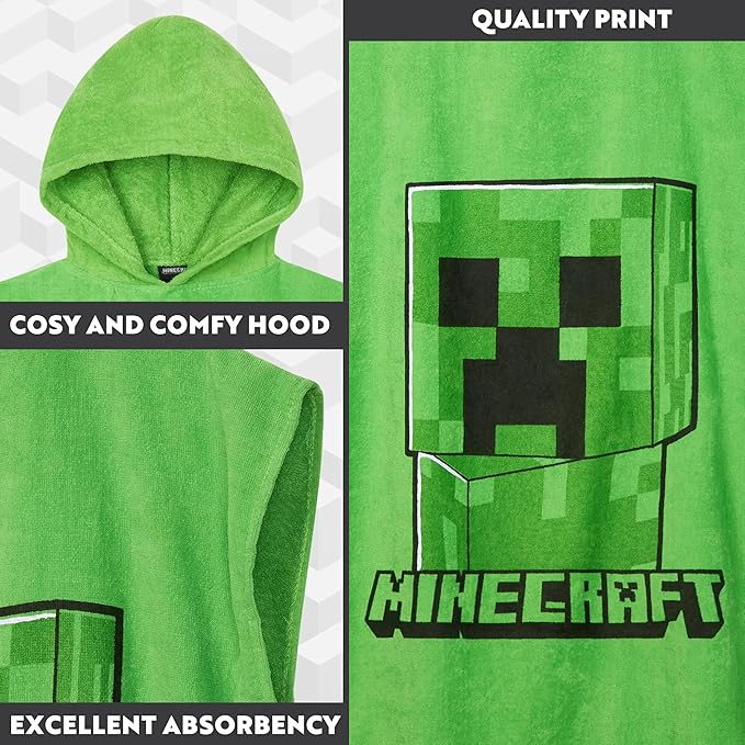 Minecraft Towelling Poncho Kids Teens Hooded Bath Towels Absorbent Beach Towel (Green, 6-9 Years)