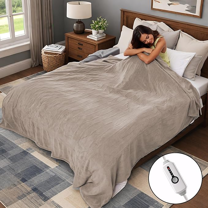 Electric Heated Blanket 90"x100" King Size, Soft Coral Fleece, Dual Controllers with 4 Heating Levels and 10 Hours Auto-Off, Machine Washable, Cozy Plush Fabric for Home, Light Brown