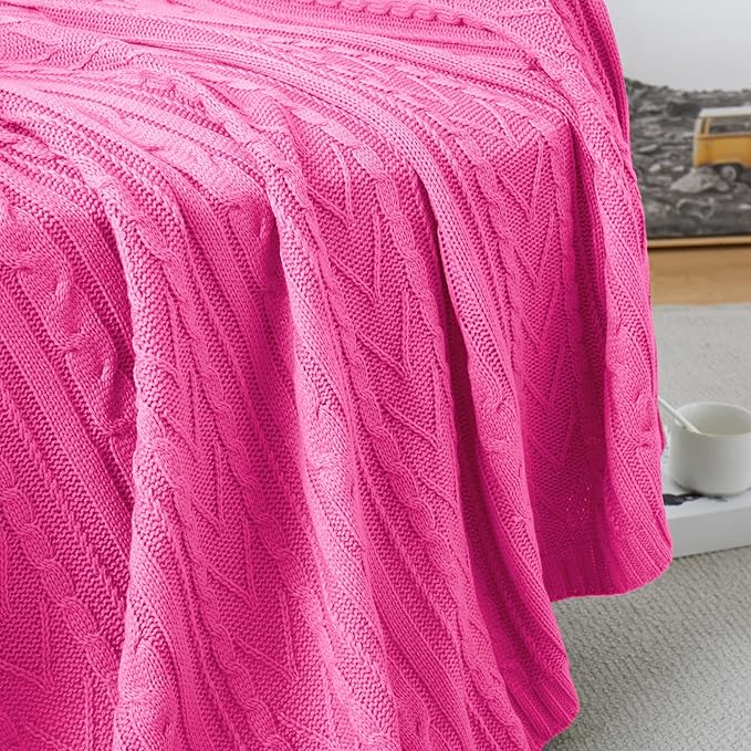 Aormenzy Hot Pink Cable Knit Throw Blankets for Couch Bed Sofa, Acrylic Knitted Blanket, Soft Cozy Throw Blanket, 50" x 60"