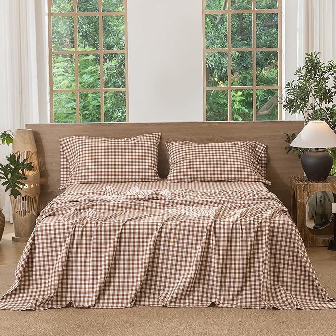 MooMee Gingham Sheet Set 100% Washed Cotton Linen Like Textured Breathable Soft w/Fully Elasticized 16-19" Deep Pocket (Classic Gingham Dark Orange, King)