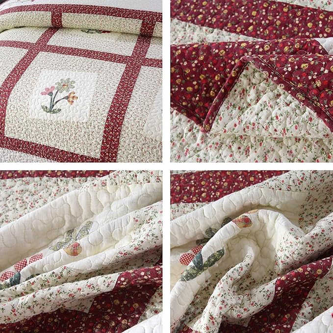 vctops Christmas Red 3 Piece Embroidered Floral Quilted Bedspread Quilt Set 100% Cotton Reversible Patchwork Coverlet Set 1 Quilt and 2 Pillow Shams (Red,Queen)
