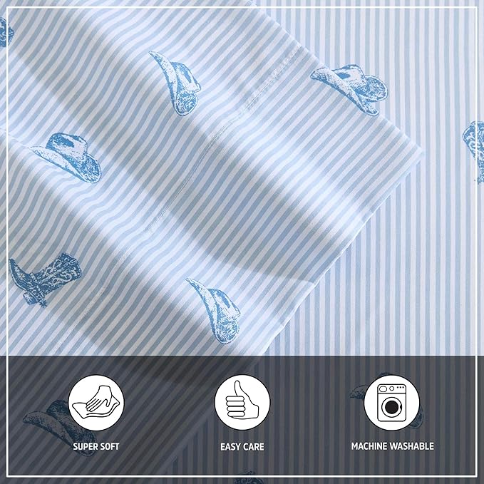 Wrangler - Twin Bed Sheets, Ultra-Soft & Lightweight Bedding with Matching Pillowcase, Lightweight Bed Set for All Season Comfort, Oeko-Tex Certified (Cowboy Pinstripe Blue)