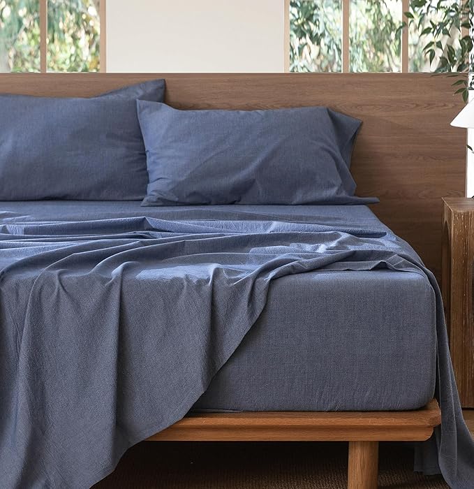 MooMee Bedding Sheet Set 100% Washed Cotton Linen Like Textured Breathable Durable Soft Comfy (Heathered Blue, Full)