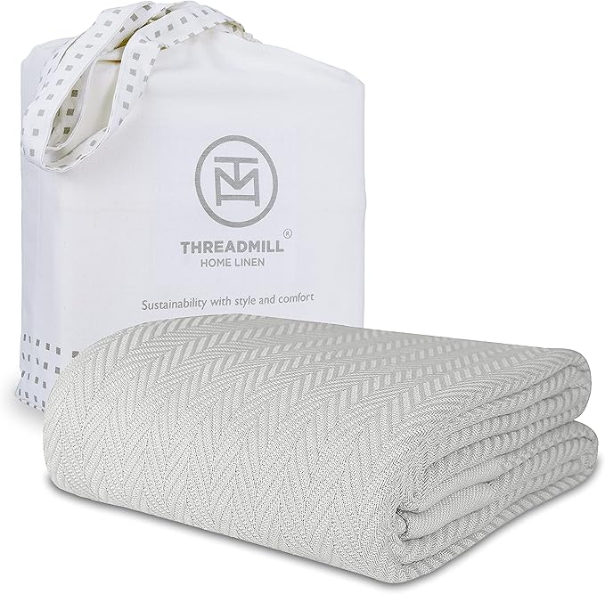 Threadmill Luxury Cotton Blankets for King Size Bed | All-Season Cozy 100% Cotton King Size Blanket | Herringbone Soft Fall Thermal Blanket fits California King Size Bed | Light Grey
