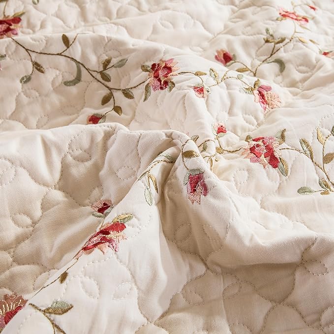 Quilt Set Floral Leaves 3D Embroidery Pattern 3 PCS Cotton Reversible Quilted Embroidered Decorative Bedspreads Coverlet Set, Lightweight &Soft Queen Size Beige Bedding Coverlet for All Season
