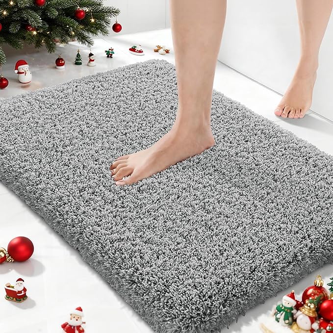 Yimobra Bathroom Rugs Non Slip Washable, Ultra Soft and Water Absorbent Bath Mats, Plush Fluffy Shower Mat Outside, Microfiber Thick Matts for Bathroom Floor/Sink, 24x17, Pure Gray
