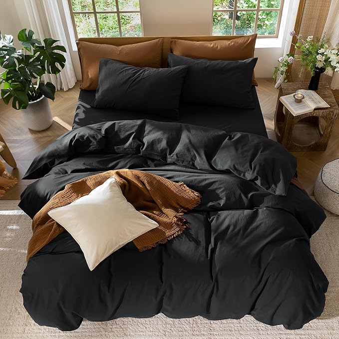 MooMee Bedding Duvet Cover Set 100% Washed Cotton Linen Like Textured Breathable Durable Soft Comfy (Solid Black, King 104"x90")