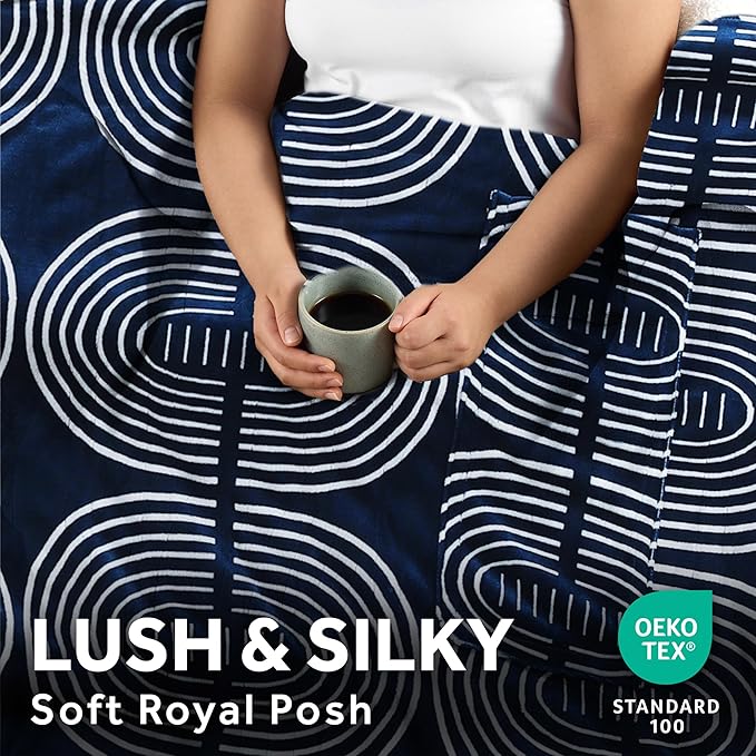 Sunbeam Ultimate Cozy Royal Posh Velvet Hand & Foot Pocket Heated Throw Electric Blanket, 50" x 72", 4 Heat Settings, 4-Hour Auto Shut-Off, Warming Throw for Couch, Machine Washable, Blue Rounds