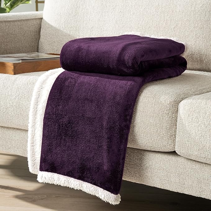 PAVILIA Sherpa Fleece Throw Blanket for Couch, Purple, Plush Soft Fuzzy Sofa Blanket, Cozy Reversible Winter Throw for Women Men, 50x60 Inches