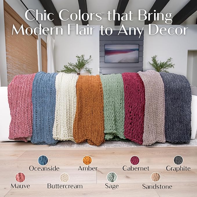 SAMIAH LUXE Chunky Knit Blanket Throw 50x30", Cream Chenille Chunky Knit Throw Blankets for Living Room Decor or Boho Decor, Personal Lap Blanket for Couch or Bed, Cable Knitted Crochet Lap Blankets