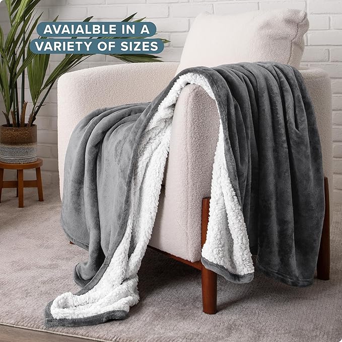 Bare Home Sherpa Fleece Blanket - Twin/Twin Extra Long - Blanket for Bed, Sofa, and Couch - Warm & Lightweight - Fluffy & Soft - Reversible (Twin/Twin XL, Grey)