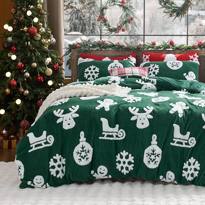 Bedsure Fluffy Christmas Duvet Cover Set - Ultra Soft Plush Shaggy Comforter Cover Twin Size, Warm Flannel Fleece Bed Sets for Winter, 2 Pieces, Gingerbread Man Pattern, Green