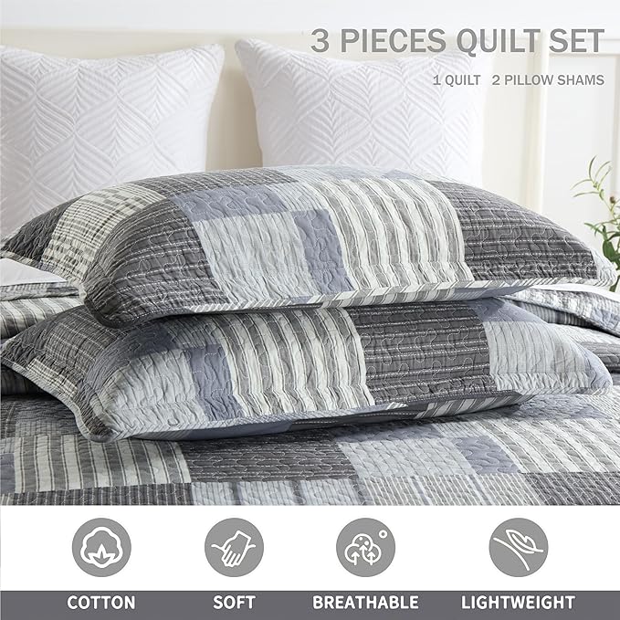 Homzard Grey Comforter Set,Cotton Plaid Striped Quilts Queen Size for The Bed,Reversible Geometric Queen Size Bedspread with 2 Pillow Shams,Lightweight 3 Piece Bedding All Season