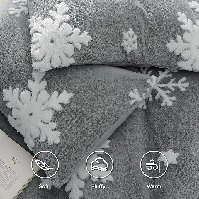 Bedsure Fluffy Duvet Cover Set - Ultra Soft Plush Shaggy Comforter Cover King Size, Warm Flannel Fleece Bed Sets for Winter, 3 Pieces, Snowflake Pattern, Grey
