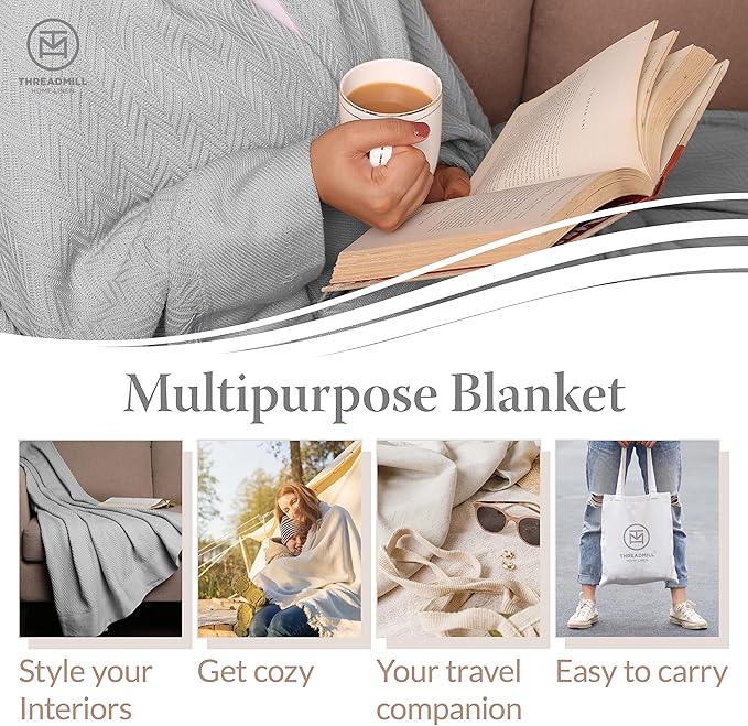 Threadmill Luxury Cotton Blankets for Queen Size Bed | All-Season 100% Cotton Queen Size Blanket | Herringbone Cozy, Soft Breathable Fall Thermal Blanket fits Full Size Bed | Light Grey