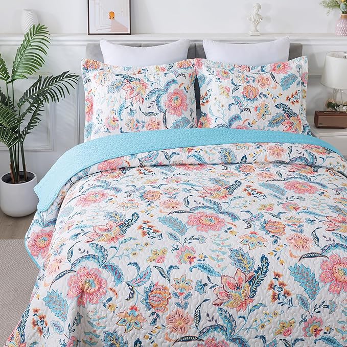 BEDIFANY Garden Cotton Filling King Size Quilt Set - Lightweight Bedspreads King Size (98 x 106 inch) with Colorful Floral Pattern - Farmhouse King Quilt Bedding Sets for Bed Coverlet, 3 Pieces